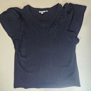 Chicos Blouse Womens Size O Navy Blue Cap Sleeve Eyelet Embroidered Neckline Top